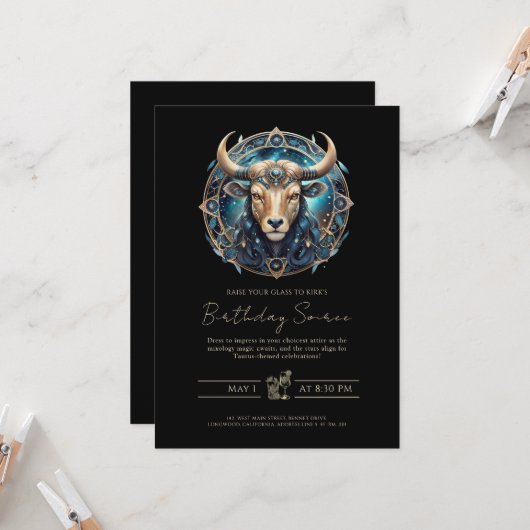 Celestial Bull Zodiac Symbol Black Gold Taurus 招待状 (正面/裏面インサイチュ)