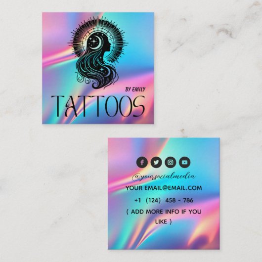 Celestial Butterfly Tattoo Salon Holographic スクエア名刺 (正面/裏面)