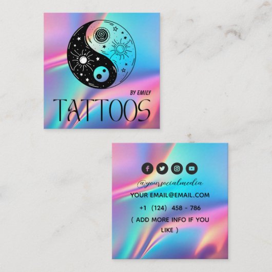 Celestial Butterfly Tattoo Salon Holographic スクエア名刺 (正面/裏面)