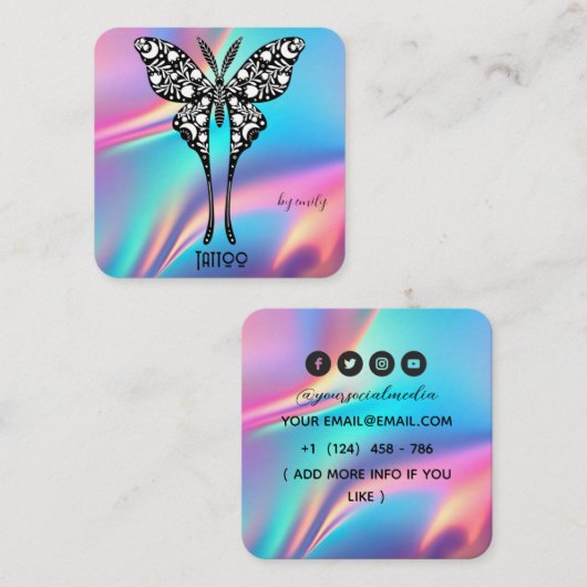 Celestial Butterfly Tattoo Salon Holographic スクエア名刺 (正面/裏面)