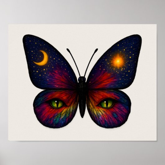 Celestial Cat-Eye Butterfly Sun Moon Star Boho Art ポスター (正面)