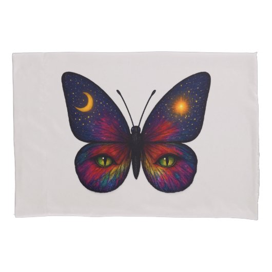 Celestial Cat-Eye Butterfly Sun Moon Star Boho Art 枕カバー (正面)