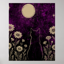 Celestial Cat Floral Purple ポスター