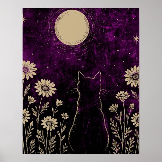 Celestial Cat Floral Purple ポスター (正面)