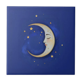 Celestial Crescent Moon with Face Gold Dark Blue タイル