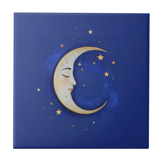 Celestial Crescent Moon with Face Gold Dark Blue タイル (正面)