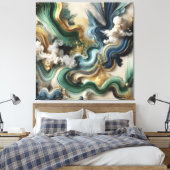 Celestial Currents – Abstract Gold & Emerald Canva キャンバスプリント (インサイチュ (寝室))