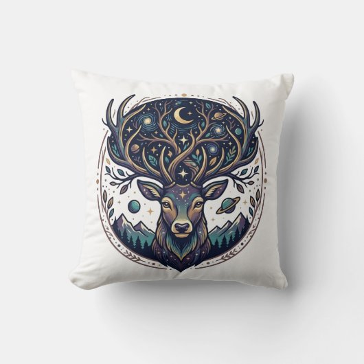 Celestial Deer Mystical Moon & Star Art Stag クッション (正面)