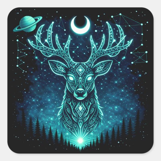 Celestial Deer – Starlit Grace Wildlife Galaxy スクエアシール (正面)