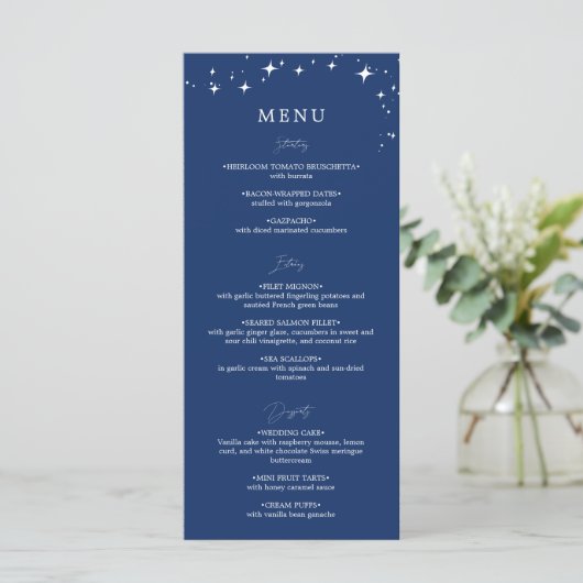 Celestial Elegant Navy Blue Wedding Flat Menu メニュー (スタンド正面)