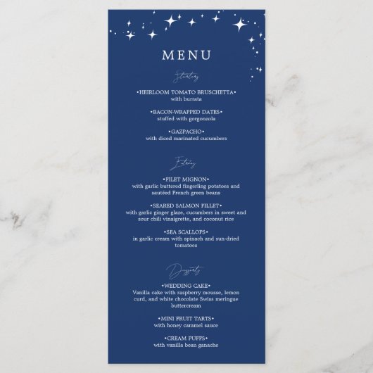 Celestial Elegant Navy Blue Wedding Flat Menu メニュー (正面)