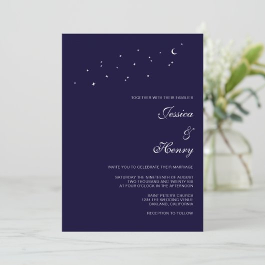 Celestial Elegant Script ミッドナイトブルー ウェディング 招待状 (スタンド正面)