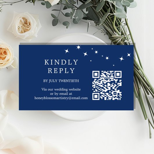 Celestial Elegant Wedding Navy Blue QR Code RSVP エンクロージャーカード