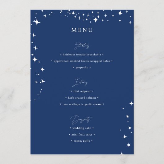 Celestial Elegant Wedding Simple Navy Blue Menu メニュー (正面)