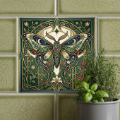 Celestial Emerald Butterfly Vintage Floral Art タイル