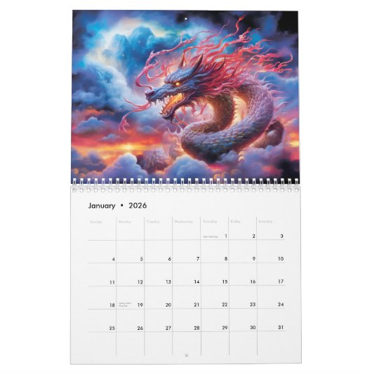 Celestial Flame – Chinese Dragons in Sacred Landsc カレンダー (1月 2026)