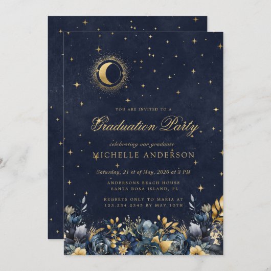 Celestial Floral Blue Stars Moon Graduation Party 招待状 (正面/裏面)