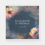Celestial Floral Galaxy Starry Night Blue Wedding スタンダードランチョンナプキン (正面)