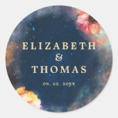 Celestial Floral Galaxy Starry Night Blue Wedding ラウンドシール (正面)
