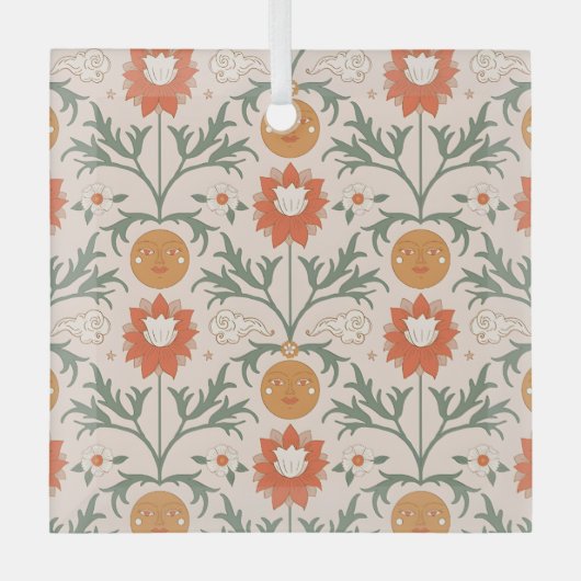 Celestial Floral Sunburst Seamless Pattern Design ガラスオーナメント (正面)