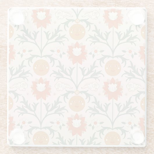 Celestial Floral Sunburst Seamless Pattern Design ガラスコースター (裏面)