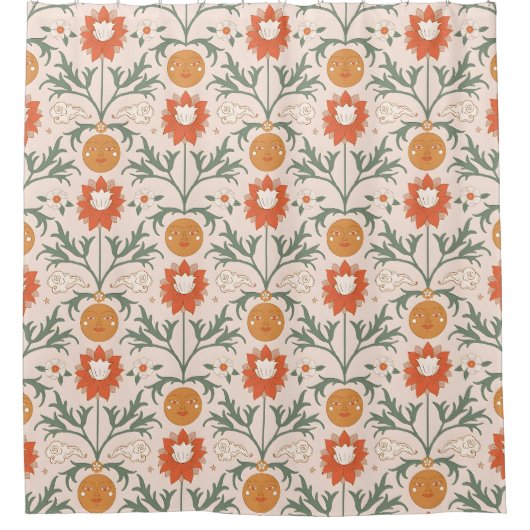 Celestial Floral Sunburst Seamless Pattern Design シャワーカーテン (正面)