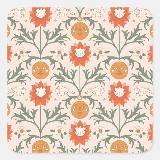 Celestial Floral Sunburst Seamless Pattern Design スクエアシール (正面)