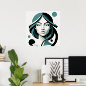 Celestial Flow: Minimalist Teal Portrait ポスター (ホームオフィス)