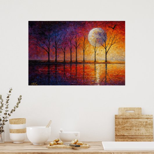 Celestial Glow - Bare Trees in Lunar Reflection ポスター (キッチン)