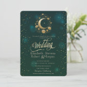Celestial Gold Floral Moon Stars Wedding Green 招待状 (スタンド正面)