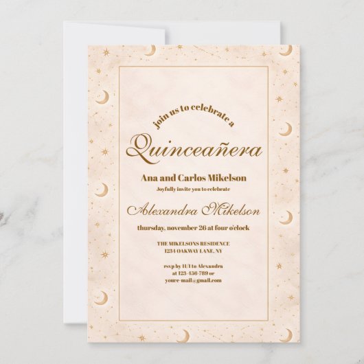 Celestial Gold Moon Quinceañera 招待状 (正面)