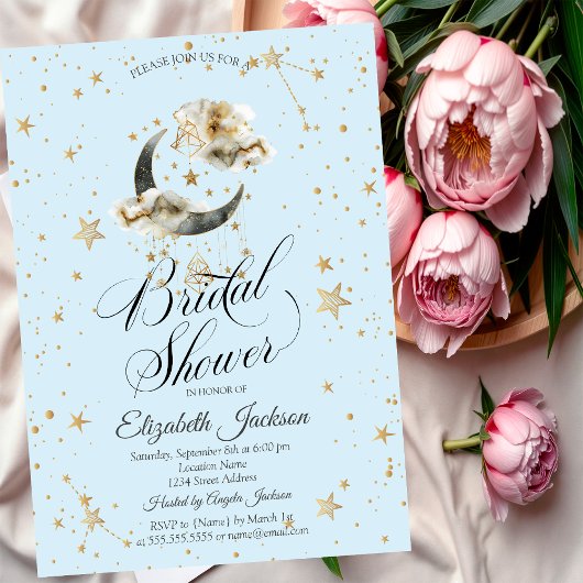 Celestial Gold Moon Stars Light Blue 招待状