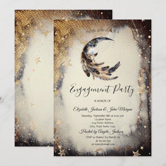 Celestial Gold Stars Moon Feather Dark 招待状 (正面/裏面)