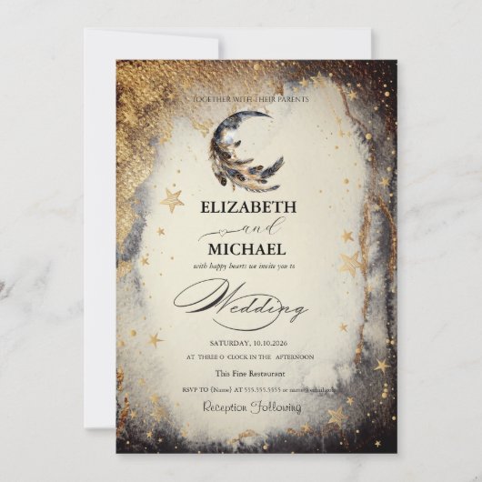 Celestial Gold Stars Moon Feather Dark Invitation 招待状 (正面)
