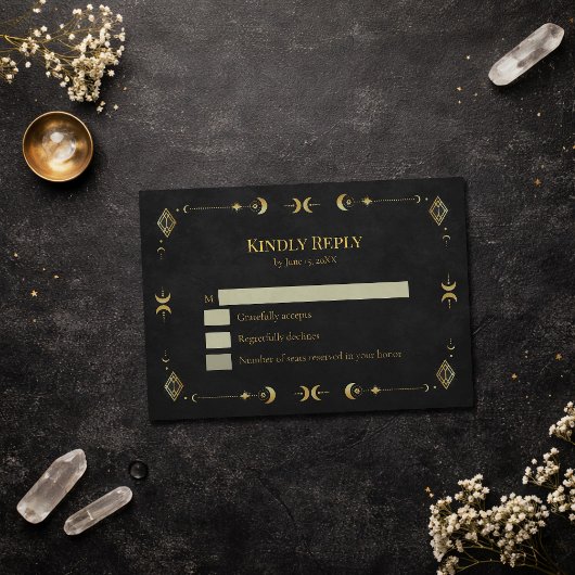 Celestial Gothic Black and Gold RSVP Card