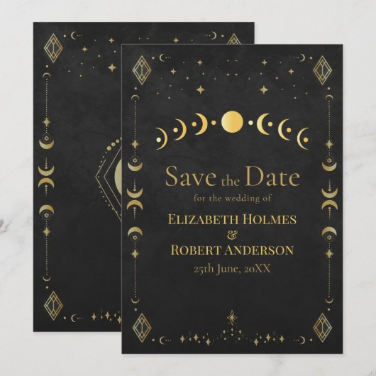Celestial Gothic Black and Gold Save the Date Card セーブザデート (正面/裏面)