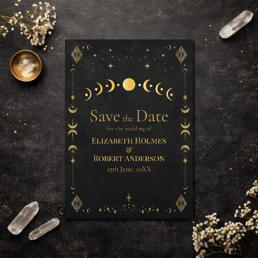 Celestial Gothic Black and Gold Save the Date Card セーブザデート