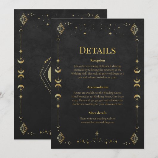 Celestial Gothic Black and Gold Wedding Details 招待状 (正面/裏面)