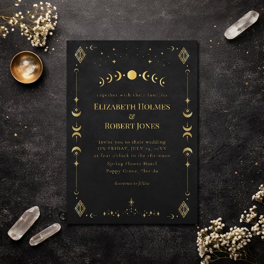 Celestial Gothic Black and Gold Wedding Invitation 招待状