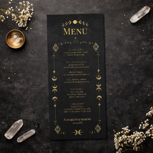 Celestial Gothic Black and Gold Wedding Menu Card メニュー