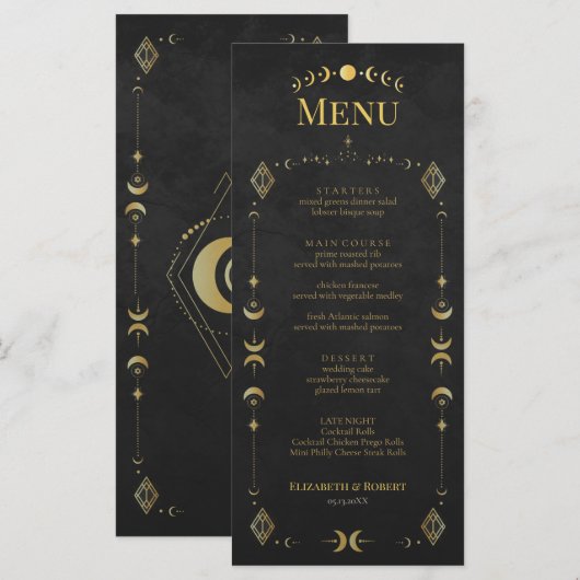 Celestial Gothic Black and Gold Wedding Menu Card メニュー (正面/裏面)