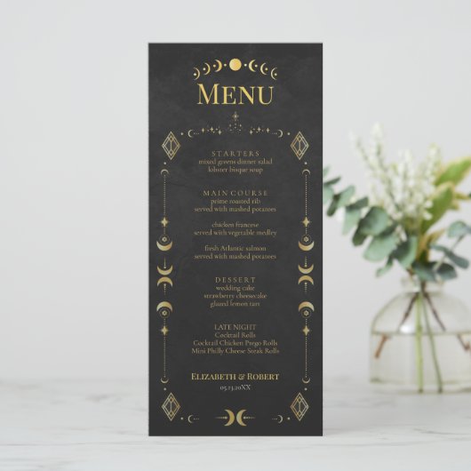 Celestial Gothic Black and Gold Wedding Menu Card メニュー (スタンド正面)