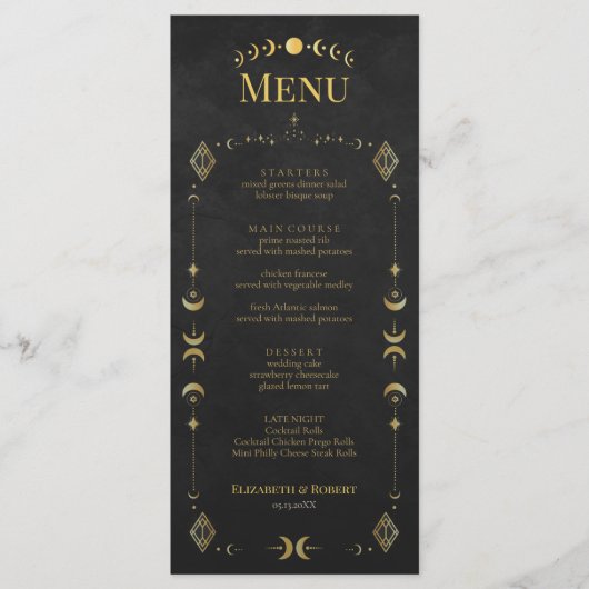 Celestial Gothic Black and Gold Wedding Menu Card メニュー (正面)