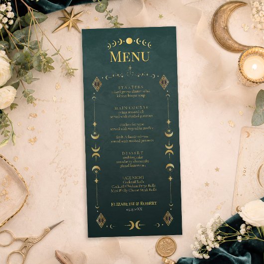 Celestial Gothic Dark Teal Wedding Menu Card メニュー