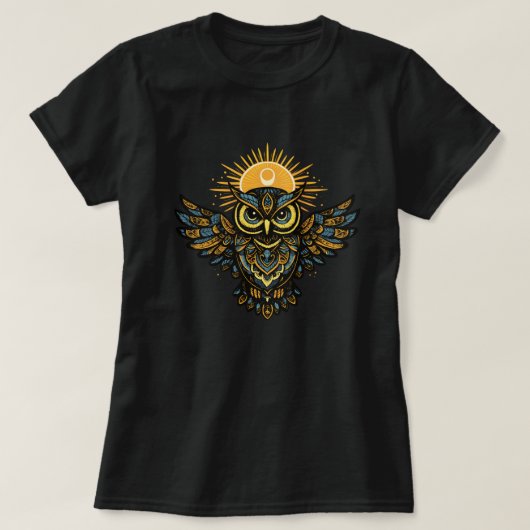 Celestial Guardian Owl Sun Halo Folk Art Tシャツ (デザイン正面)