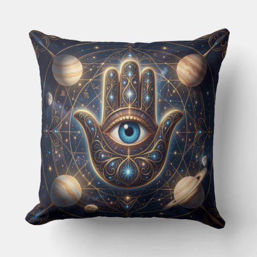 Celestial Hamsa Hand & Evil Eye Cosmic Protection  クッション (正面)