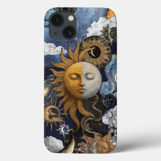 Celestial Harmony: Sun and Moon Vintage Collage iPhone 13ケース