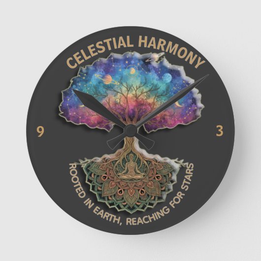 Celestial Harmony Tree - Cosmic Meditation Mandala ラウンド壁時計 (正面)