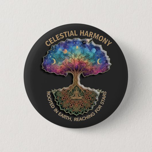 Celestial Harmony Tree | Cosmic Meditation Mandala 缶バッジ (正面)
