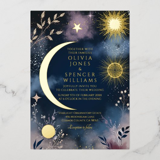 Celestial Magic Moon & Stars Wedding 箔招待状 (正面)